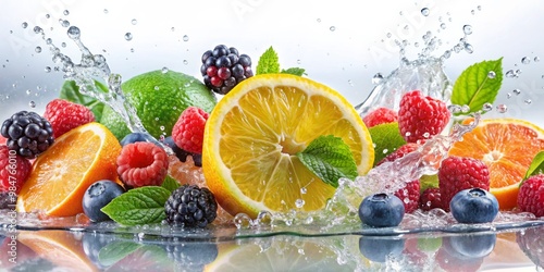 Dynamically Refreshing Fruit Splash Juicy Lemon, Vibrant Berries in Water - Summery Freshness, Healthy Choices