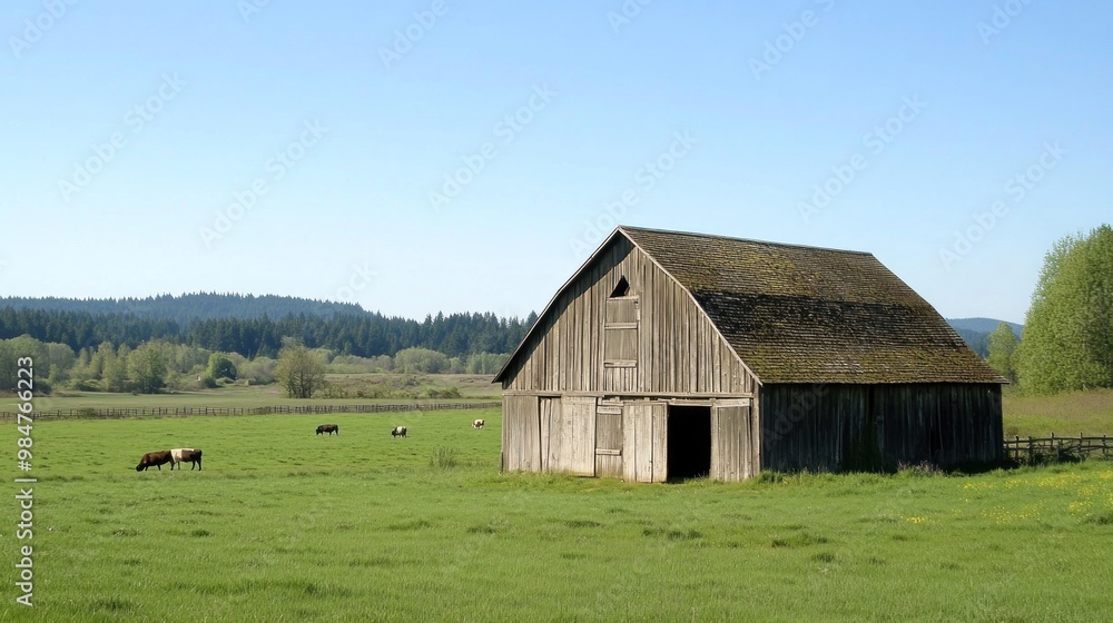 Rustic Barn in a Meadow with Cattle Rustic Barn in a Meadow with Cattle