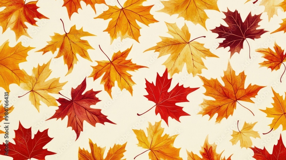 Warm fall pattern of maple leaves in bright yellow, red, and orange on a smooth cream backdrop, perfect for autumn decor Warm fall pattern of maple leaves in bright yellow, red, and orange on a smooth cream backdrop, perfect for autumn decor