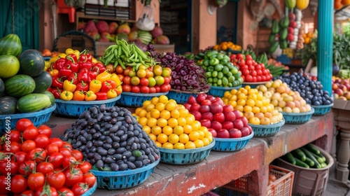 Vibrant Display of Fresh Produce at a Market Stall