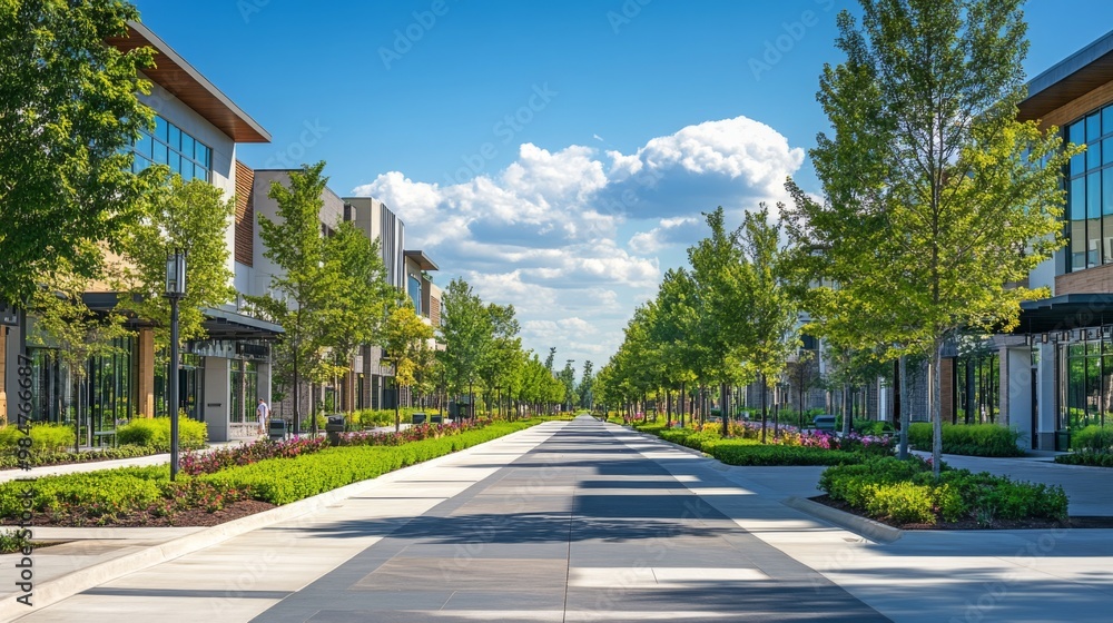 Naklejka premium A wide, modern boulevard with beautifully landscaped medians, contemporary buildings, and neatly trimmed greenery under a bright, sunny sky.