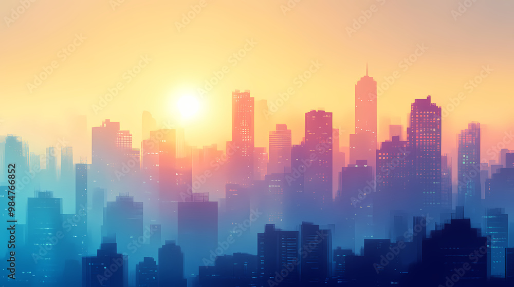 City skylines at dawn: close-up of city skylines at dawn, early morning light, and waking cityscape, highlighting the city's peaceful and awakening beauty. City Skyline. Illustration City skylines at dawn: close-up of city skylines at dawn, early morning light, and waking cityscape, highlighting the city's peaceful and awakening beauty. City Skyline. Illustration