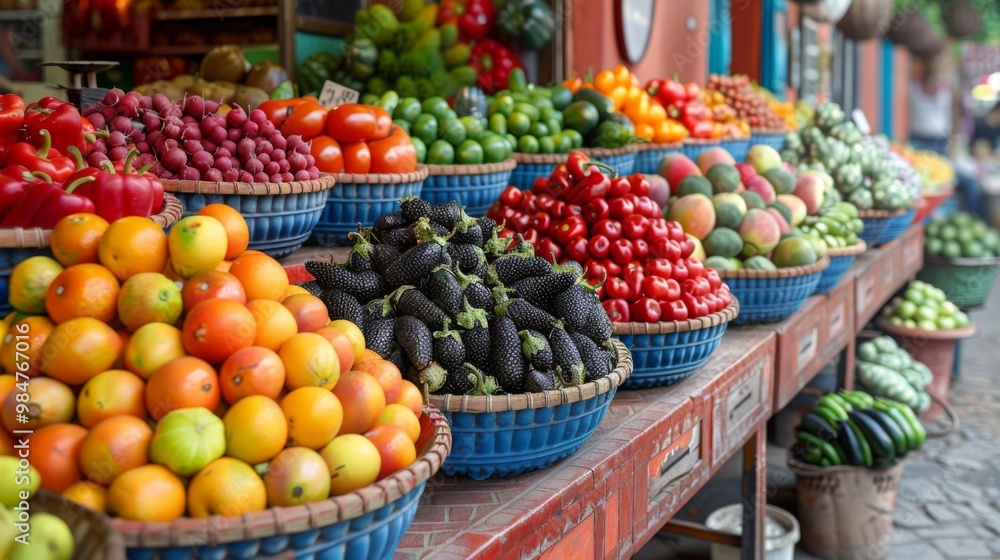Vibrant Produce Display at a Market Stall Vibrant Produce Display at a Market Stall