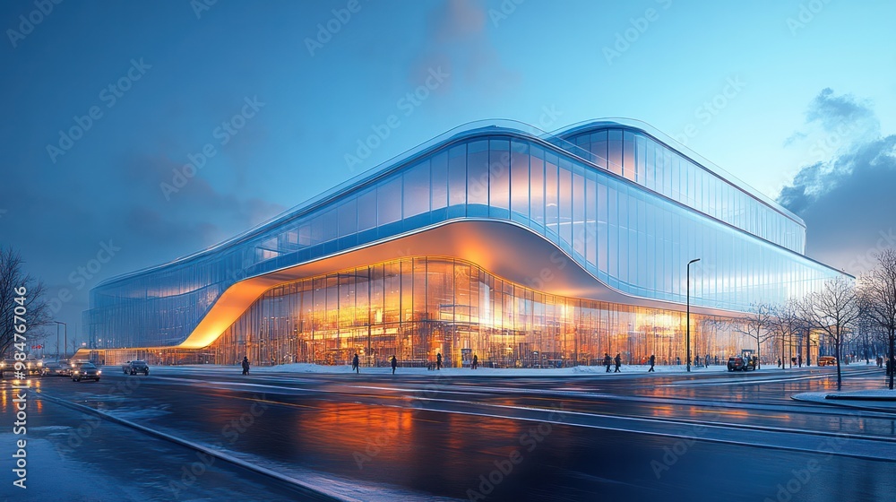 Obraz premium Modern construction building, sleek glass facade, workers using state-of-the-art equipment in a high-tech environment