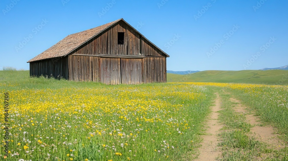 Obraz premium Rustic Barn in a Field of Wildflowers