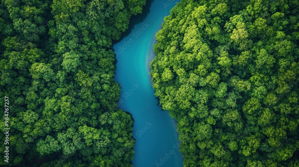 Naklejka premium Aerial View of a River Winding Through a Lush Forest