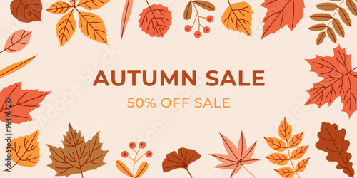 Autumn hand drawn rectangular sale banner with colorful foliage on a light background. Fall banner, backdrop, poster, greeting card, brochure or leaflet. Background for text.