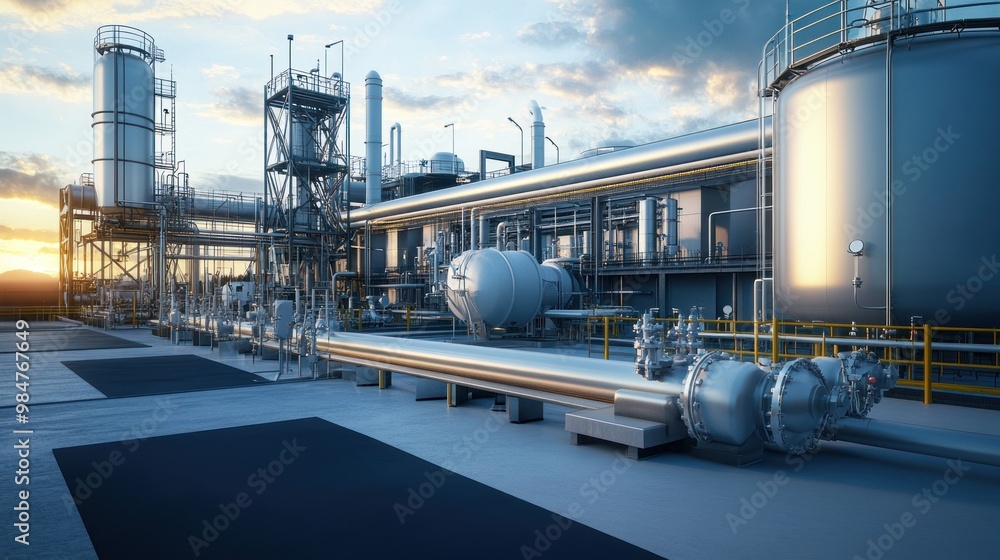 Industrial scene showcasing a modern oil and gas facility at sunset, highlighting metallic structures and infrastructure. Industrial scene showcasing a modern oil and gas facility at sunset, highlighting metallic structures and infrastructure.