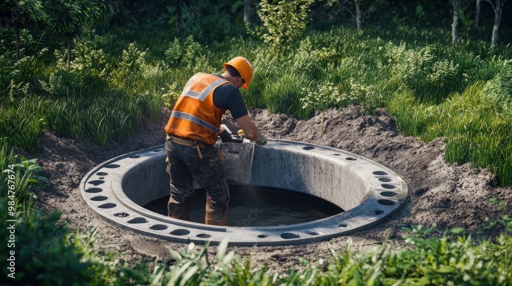 A male construction worker in an orange safety vest inspects a large drainage hole in a lush green area. A male construction worker in an orange safety vest inspects a large drainage hole in a lush green area.