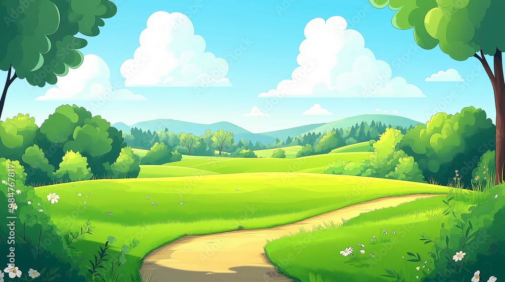 A cute cartoon vector illustration flat cartoon of green meadow landscape . Blue sky with white clouds ,Summer day. Green hills background. A cute cartoon vector illustration flat cartoon of green meadow landscape . Blue sky with white clouds ,Summer day. Green hills background.