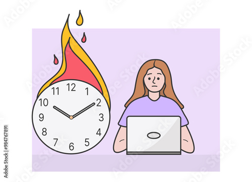 Deadline. An upset woman with laptop is rushing to finish her work project. Vector illustration with white background.