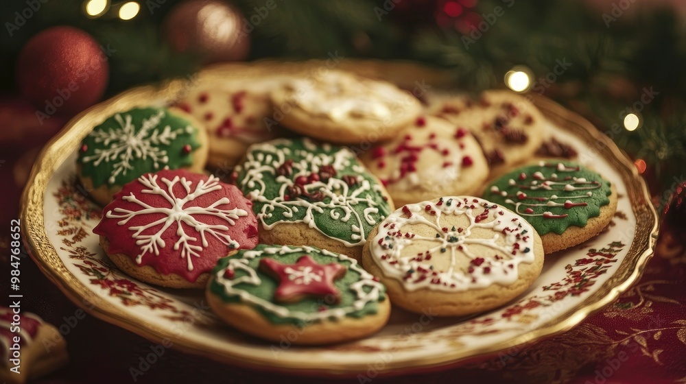 A beautifully arranged plate of holiday cookies, each one uniquely decorated. A beautifully arranged plate of holiday cookies, each one uniquely decorated.