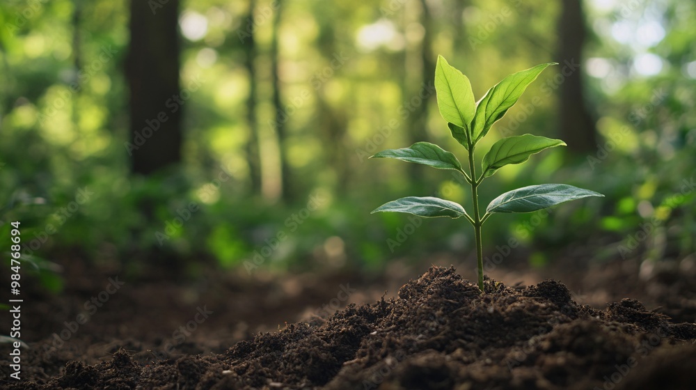 A Single Green Sprout Emerging from Dark Soil in a Forest A Single Green Sprout Emerging from Dark Soil in a Forest