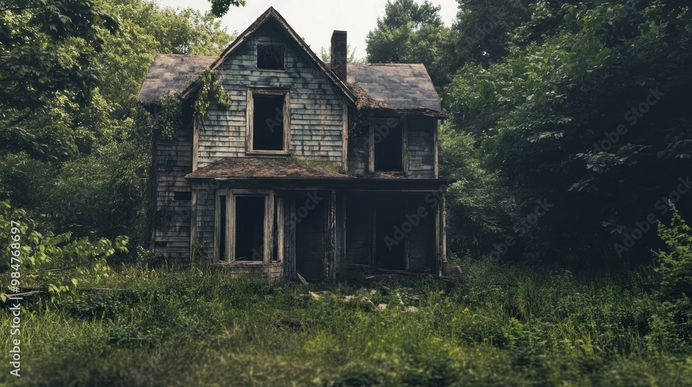 Obraz premium An eerie abandoned house surrounded by lush overgrowth, showcasing a haunting beauty in its decay.