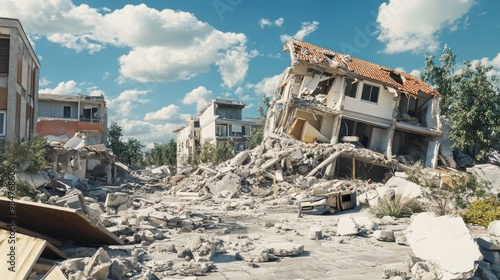 A devastating scene of destruction shows a collapsed building amidst rubble under a bright blue sky. photo