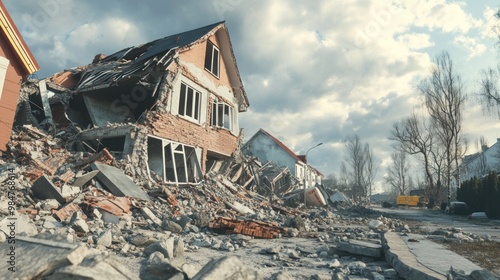 Devastating aftermath of an earthquake showing collapsed houses and scattered debris in a somber urban landscape.