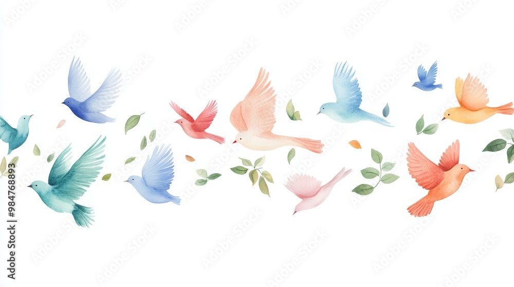 Obraz premium A vibrant watercolor illustration of various birds flying gracefully among soft leaves, evoking serenity and freedom.