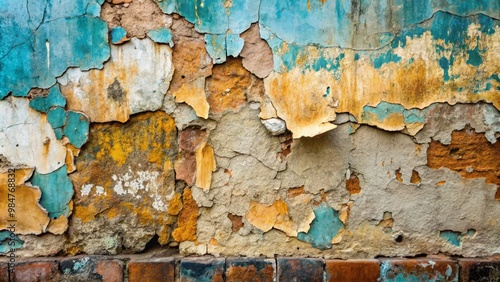 A close-up of a textured wall featuring peeling paint in vibrant colors, showcasing age and weathering for artistic use. photo