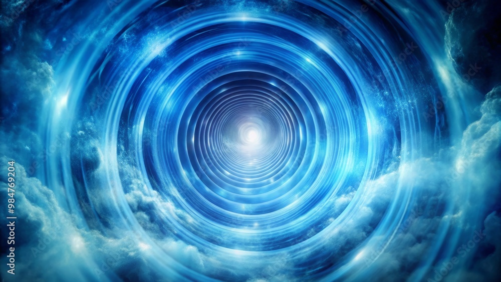 A mesmerizing blue vortex of light and clouds, evoking a sense of infinity and serenity in a cosmic atmosphere. A mesmerizing blue vortex of light and clouds, evoking a sense of infinity and serenity in a cosmic atmosphere.