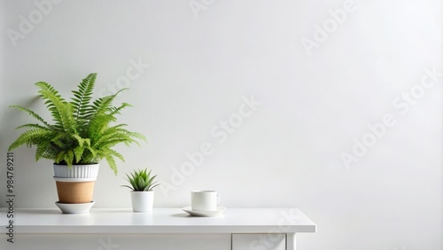 A modern minimalistic interior featuring decorative plants on a wooden table against a plain wall, creating a fresh atmosphere.