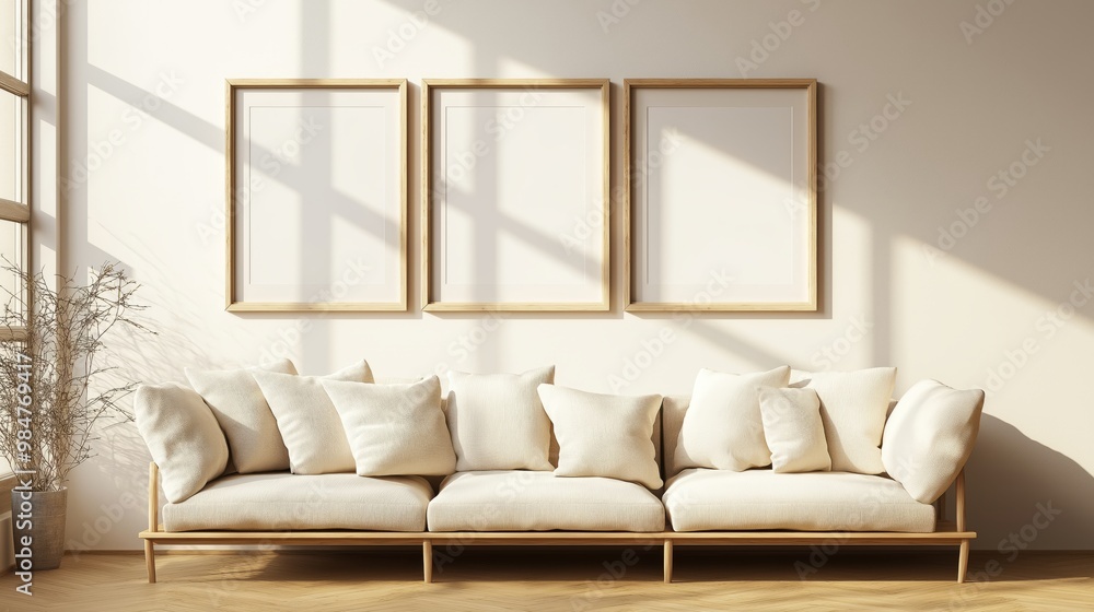 Fototapeta premium Blank poster on white wall, Modern vintage interior of living room