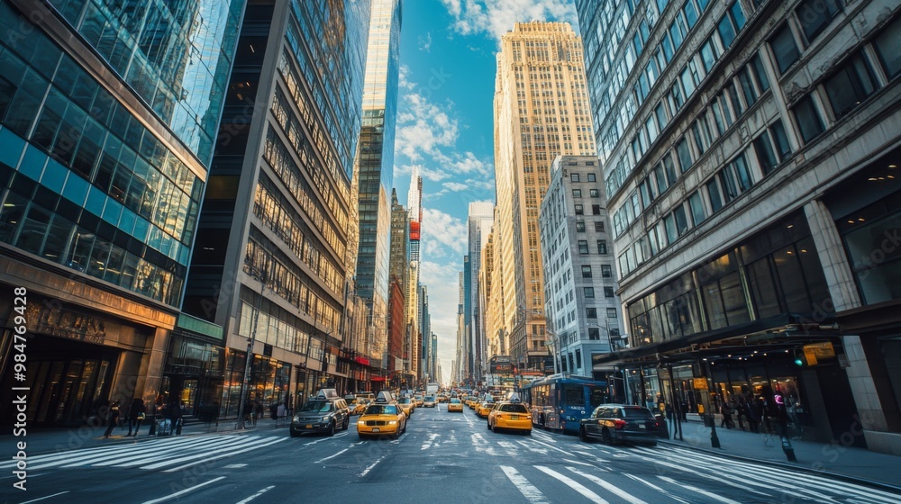 A wide-angle view of a busy city street with tall buildings on either side, capturing the energy and scale of the urban environment. A wide-angle view of a busy city street with tall buildings on either side, capturing the energy and scale of the urban environment.