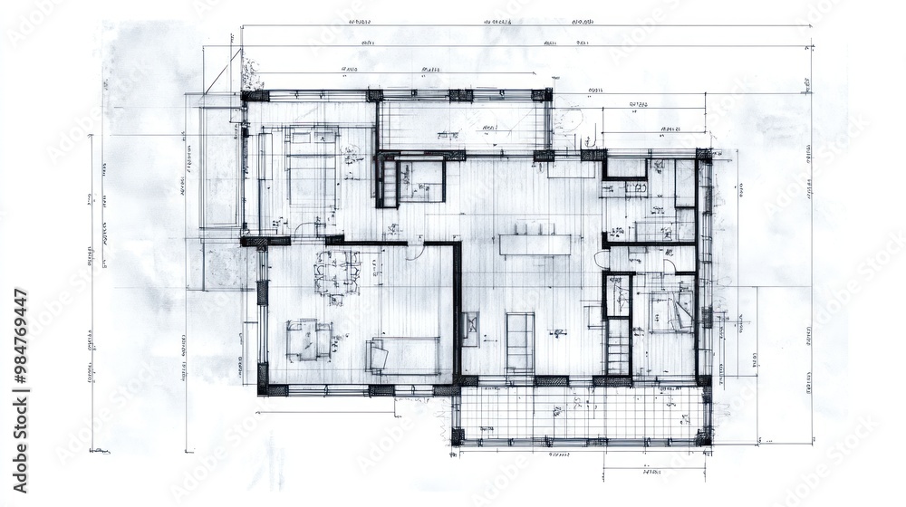 Blueprint of a modern residential house design featuring an open layout with multiple rooms. Blueprint of a modern residential house design featuring an open layout with multiple rooms.