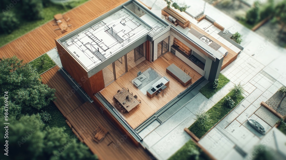 Aerial view of a modern wooden house featuring an open layout and stylish outdoor spaces. Aerial view of a modern wooden house featuring an open layout and stylish outdoor spaces.