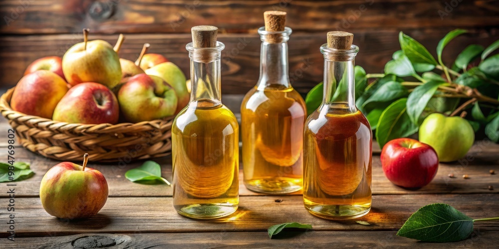 Golden Apple Cider Vinegar Trio on Rustic Table - Natural Elixir Still Life with Fresh Apples and Leaves, Organic Wellness Concept Golden Apple Cider Vinegar Trio on Rustic Table - Natural Elixir Still Life with Fresh Apples and Leaves, Organic Wellness Concept