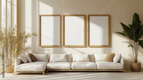 Blank poster on white wall, Modern vintage interior of living room