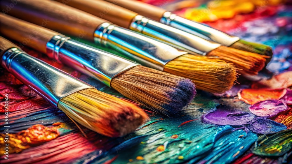 Fototapeta premium A vibrant collection of paintbrushes arranged on a colorful palette, showcasing artistic expression and creativity.