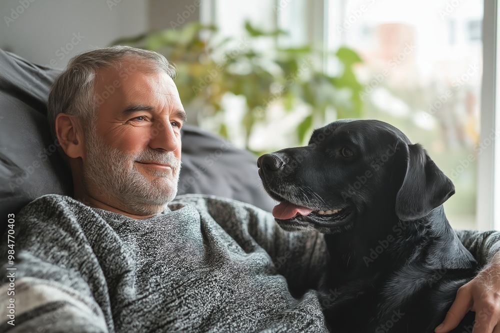 Senior man relaxing with black dog, content in cozy living room, enjoying peaceful moment, bonded with pet, dog companionship concept Senior man relaxing with black dog, content in cozy living room, enjoying peaceful moment, bonded with pet, dog companionship concept