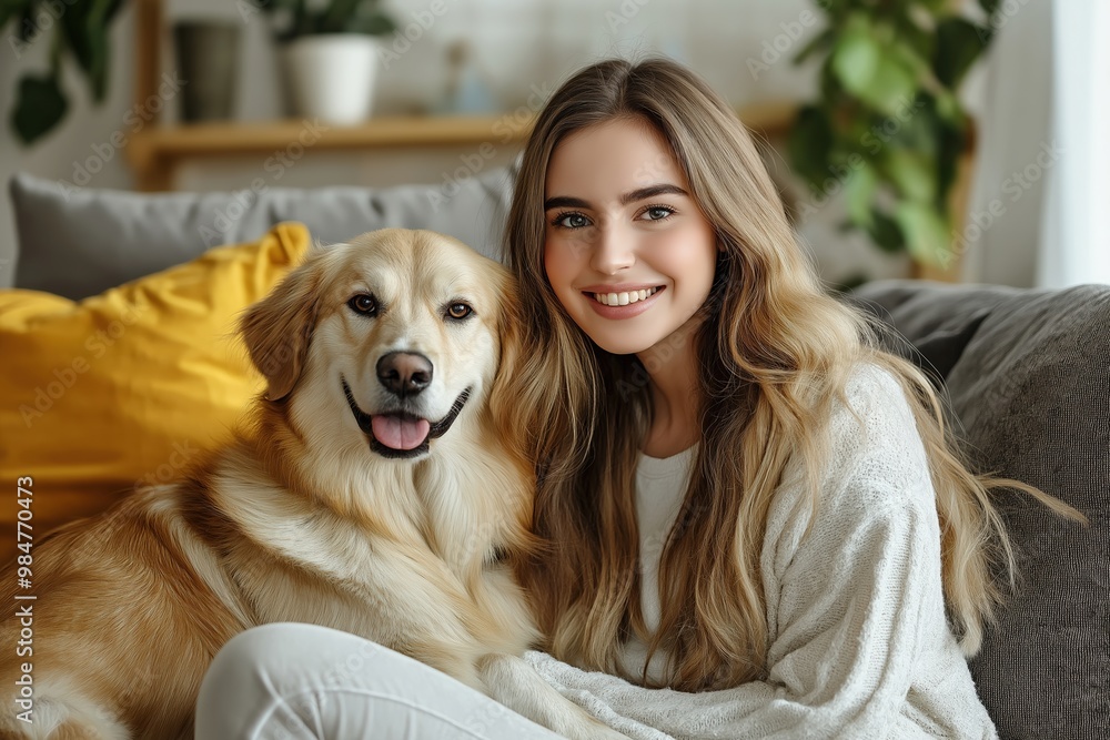 Woman sitting comfortably on sofa with golden retriever, smiling, living room setting, domestic life concept Woman sitting comfortably on sofa with golden retriever, smiling, living room setting, domestic life concept