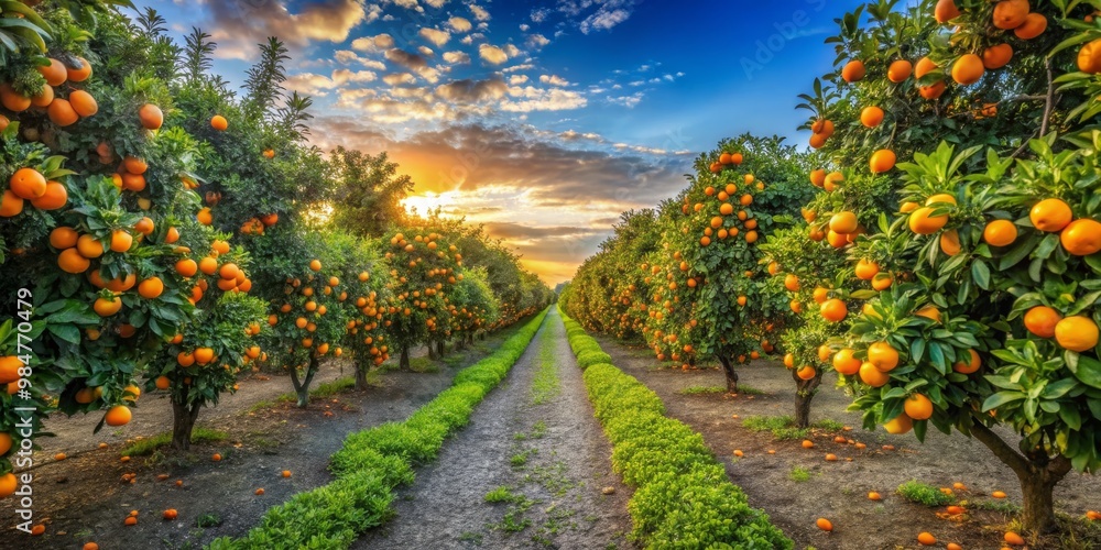 Obraz premium Golden Glow of an Orange Grove Vibrant Rows of Oranges at Sunset in Symmetrical Harmony - Serene Agricultural Beauty