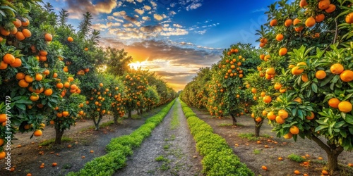 Golden Glow of an Orange Grove Vibrant Rows of Oranges at Sunset in Symmetrical Harmony - Serene Agricultural Beauty