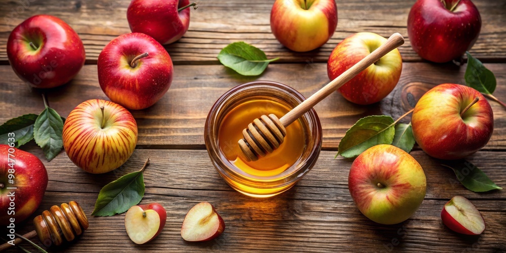 Golden Harvest Delights Symmetrical Still Life of Apples and Honey on Rustic Wood Autumnal Elegance and Natural Sweetness for Food and Beverage Concepts Golden Harvest Delights Symmetrical Still Life of Apples and Honey on Rustic Wood Autumnal Elegance and Natural Sweetness for Food and Beverage Concepts
