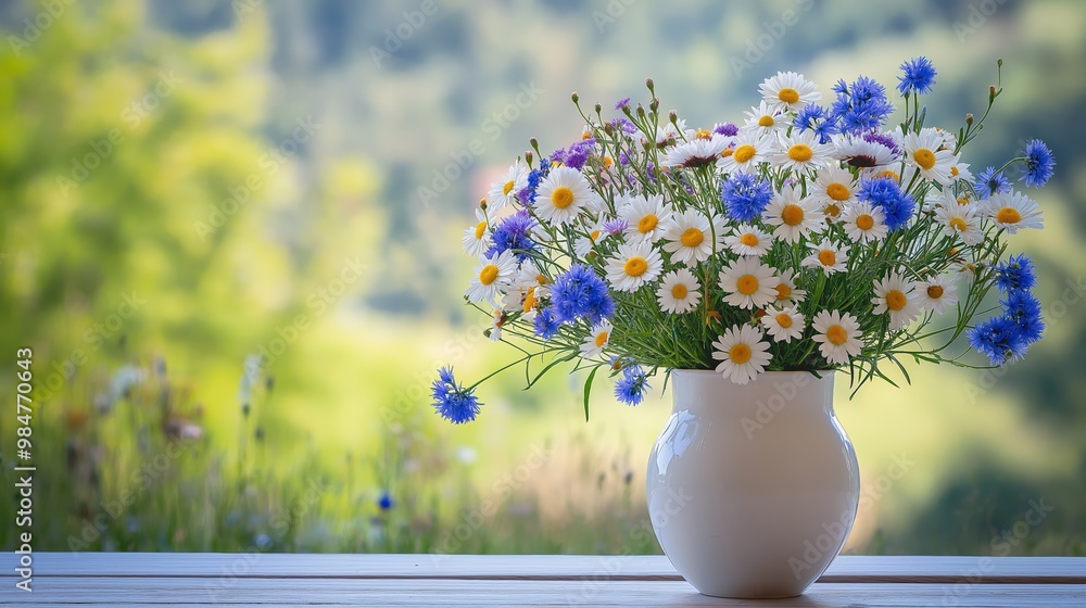 Beautiful bouquet of wildflowers, daisies and cornflowers in white vase on wooden table, nature background, floral arrangement concept Beautiful bouquet of wildflowers, daisies and cornflowers in white vase on wooden table, nature background, floral arrangement concept