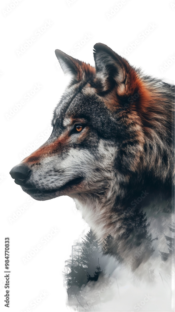 A wolf's head is captured in a double exposure portrait with a forest background. A wolf's head is captured in a double exposure portrait with a forest background.