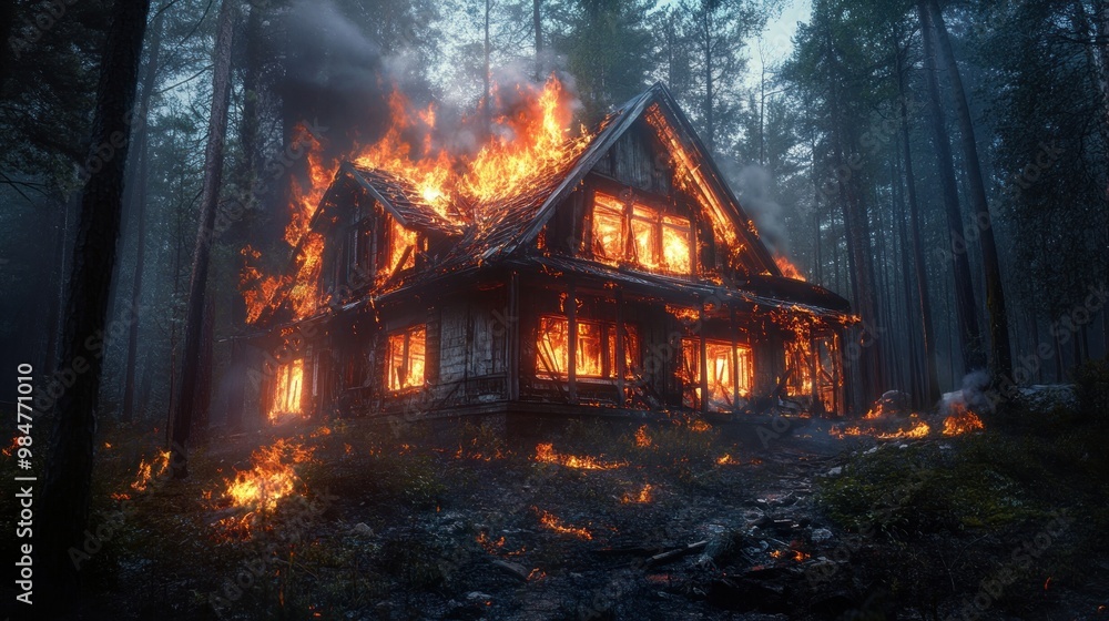A dramatic scene of a wooden house engulfed in flames, surrounded by a dark forest creating a tense atmosphere.