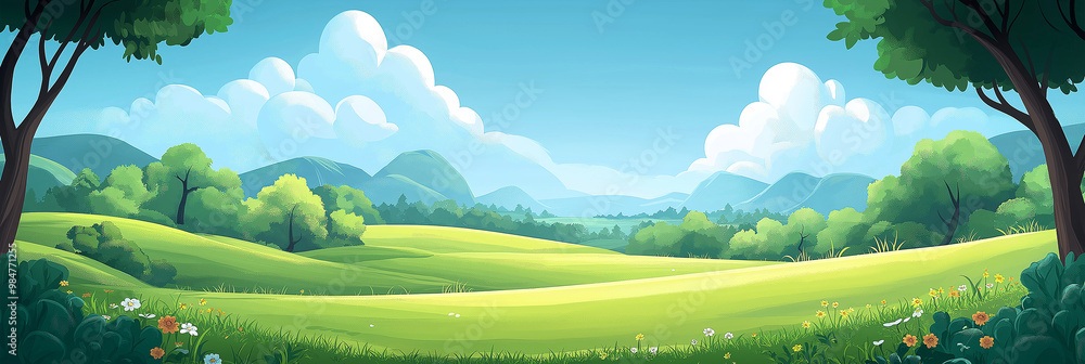Obraz premium A cute cartoon vector illustration flat cartoon of green meadow landscape,park . Blue sky with white clouds ,Summer day. Green hills background.