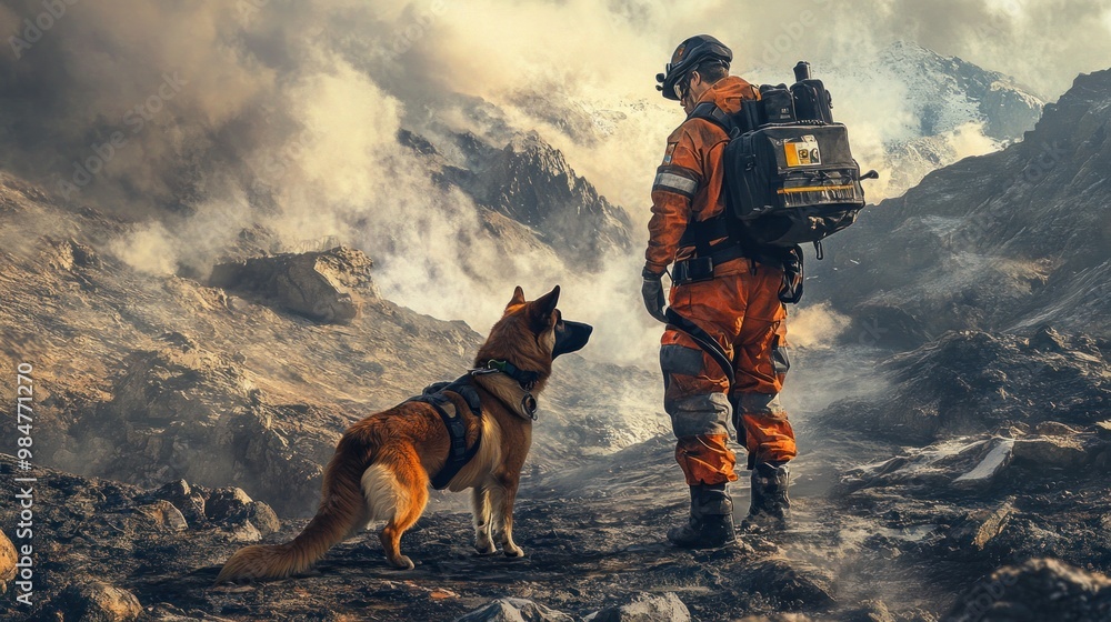 A male rescue worker in an orange suit stands beside a dog, gazing over a rugged, smoky landscape. A male rescue worker in an orange suit stands beside a dog, gazing over a rugged, smoky landscape.