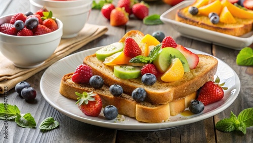 Delicious French toast topped with fresh fruits including berries and mint, perfect for a healthy breakfast or brunch.