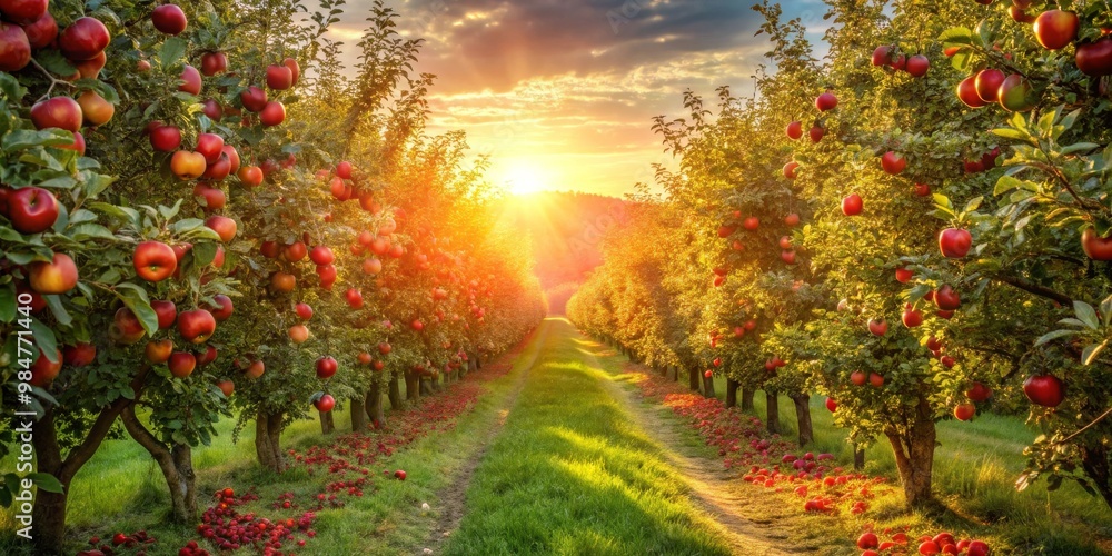 Golden Sunset Glow in Lush Apple Orchard - Tranquil Path through Abundant Trees at Dusk, Serene Nature Scene for Autumn Harvest Inspiration Golden Sunset Glow in Lush Apple Orchard - Tranquil Path through Abundant Trees at Dusk, Serene Nature Scene for Autumn Harvest Inspiration