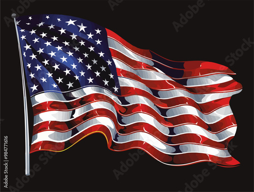 Vector background with drawing
of national flag of usa is fluttering in wind. 
Fashion t-shirt design in american style. Pattern 
of stars and stripes for textiles, fabric, clothing.