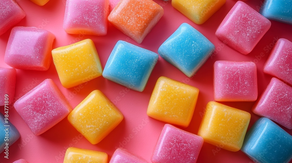 A bunch of colorful gummy bears are on a pink background A bunch of colorful gummy bears are on a pink background