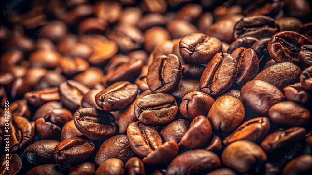 Fototapeta premium Rich, roasted coffee beans glisten in warm light, showcasing their deep brown hues and inviting aroma. Perfect for coffee lovers.
