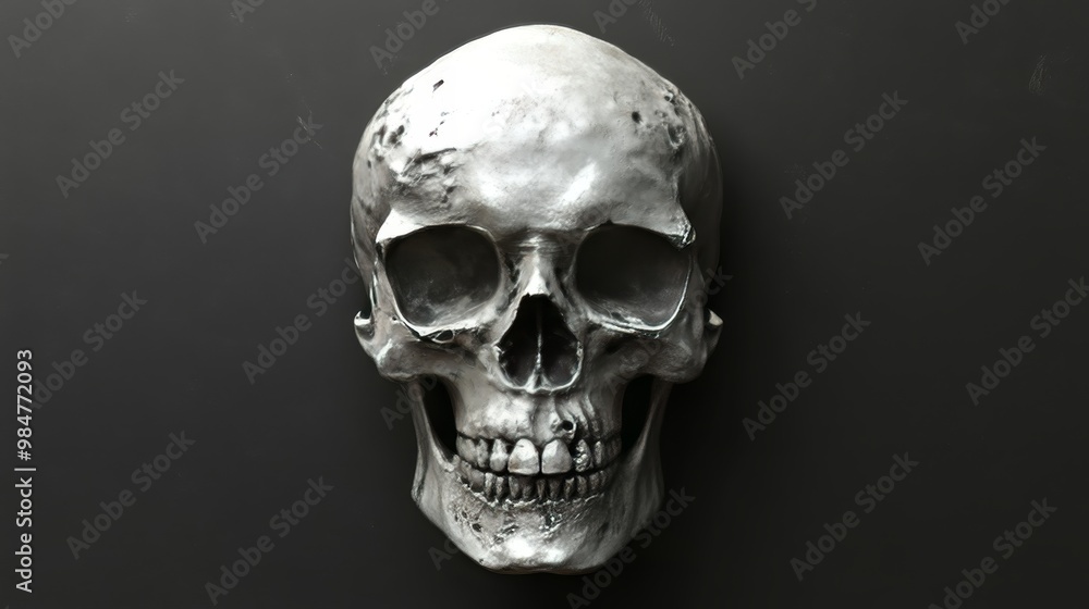 A silver skull with a black background A silver skull with a black background