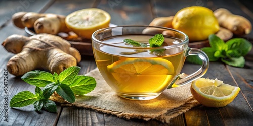 Invigorating Tea Time Close-Up Glass Cup of Lemon and Mint Tea on Wooden Surface for Cozy Refreshment and Natural Wellness Vibe