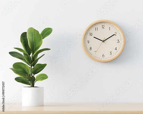 Minimalist wall clock and a plant, clean design