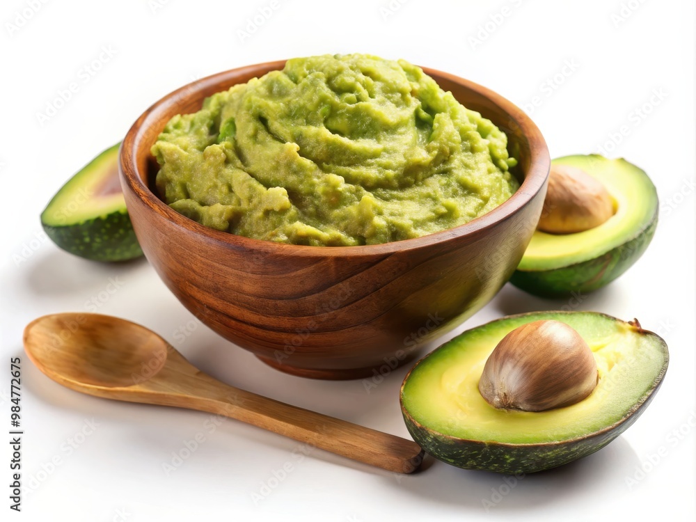 Fresh guacamole in wooden bowl with avocados Fresh guacamole in wooden bowl with avocados